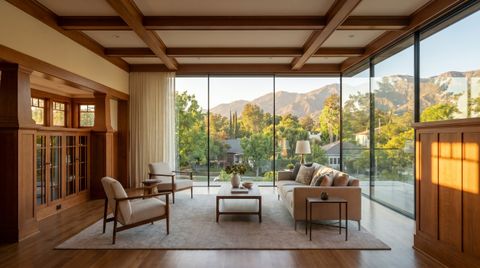 Pasadena home with a floor-to-ceiling clear switchable smart glass wall overlooking a tree-lined San Gabriel mountain neighborhood