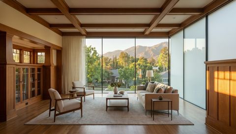 Pasadena home with a floor-to-ceiling clear switchable smart glass wall overlooking a tree-lined San Gabriel mountain neighborhood — several glass panels switched to frosted privacy mode