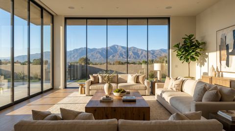 Modern San Bernardino-area home with a floor-to-ceiling clear switchable smart glass wall framing the mountains