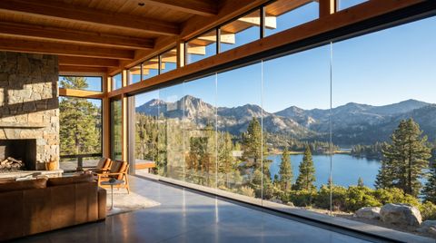 San Bernardino County mountain home with a floor-to-ceiling clear switchable smart glass wall framing the pine-covered mountains