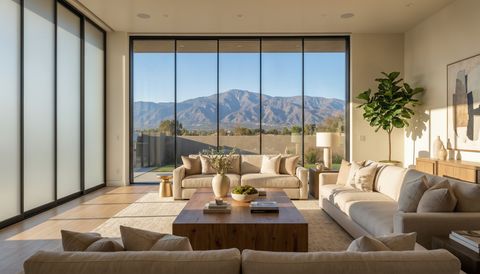 Modern San Bernardino-area home with a floor-to-ceiling clear switchable smart glass wall framing the mountains — several glass panels switched to frosted privacy mode
