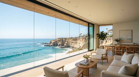 San Diego coastal home with a floor-to-ceiling clear switchable smart glass wall framing the Pacific cliffs