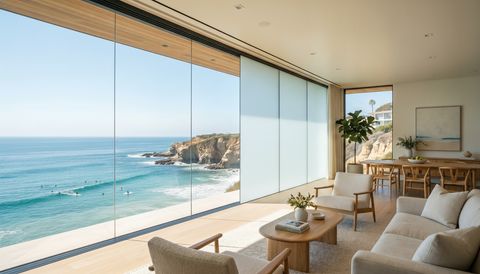 San Diego coastal home with a floor-to-ceiling clear switchable smart glass wall framing the Pacific cliffs — several glass panels switched to frosted privacy mode