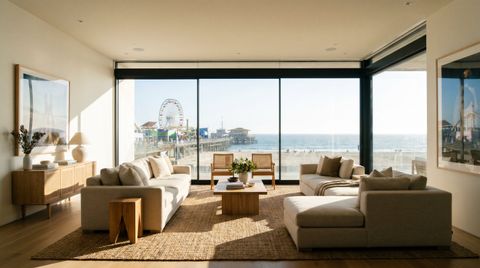 Santa Monica beachfront home with a floor-to-ceiling clear switchable smart glass wall overlooking the pier and ocean