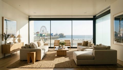 Santa Monica beachfront home with a floor-to-ceiling clear switchable smart glass wall overlooking the pier and ocean — several glass panels switched to frosted privacy mode