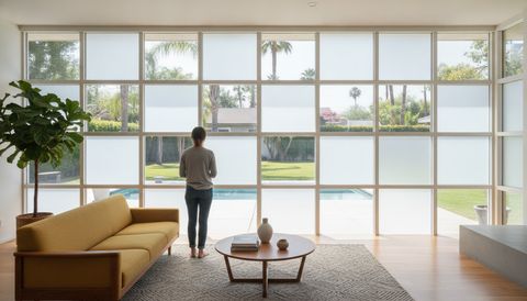 Modern Torrance single-family living room with a wall of switchable smart glass opening to the backyard — half the panels crystal clear, half switched to flat, even, milky-white frosted privacy mode