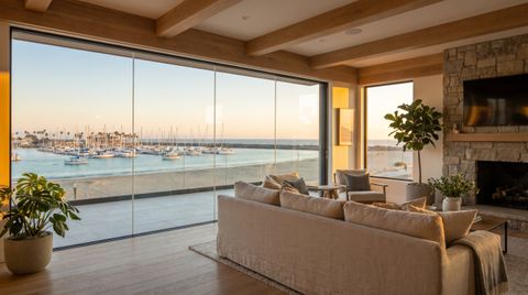 Ventura coastal home with a floor-to-ceiling clear switchable smart glass wall overlooking the harbor and beach