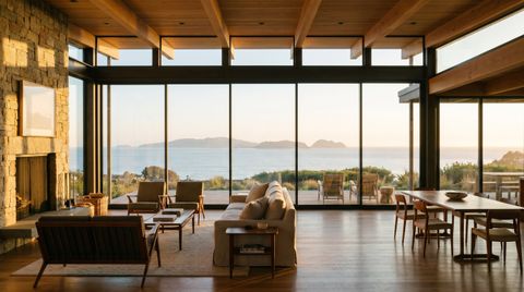 Ventura County coastal home with a floor-to-ceiling clear switchable smart glass wall framing the Channel Islands and the Pacific