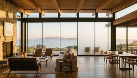 Ventura County coastal home with a floor-to-ceiling clear switchable smart glass wall framing the Channel Islands and the Pacific — several glass panels switched to frosted privacy mode