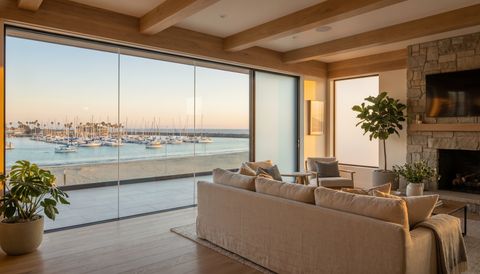 Ventura coastal home with a floor-to-ceiling clear switchable smart glass wall overlooking the harbor and beach — several glass panels switched to frosted privacy mode