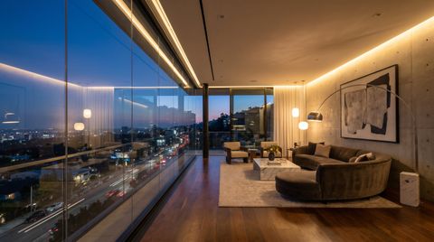 West Hollywood design-district interior with a floor-to-ceiling clear switchable smart glass wall overlooking the Sunset Strip at night