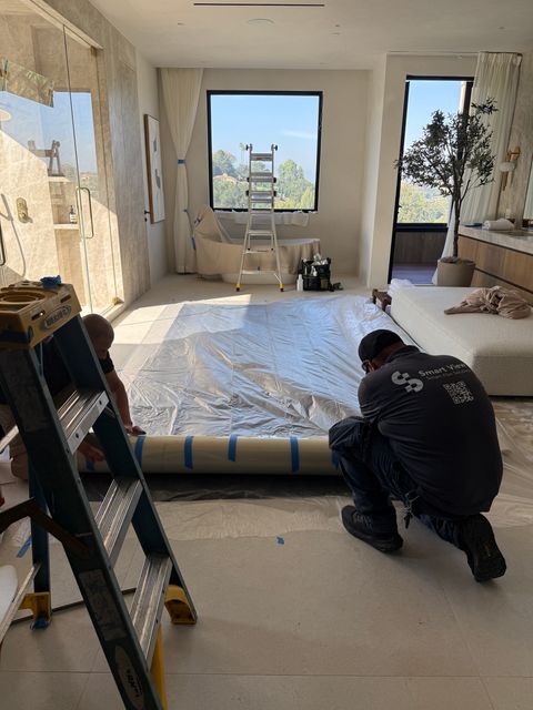 Frosted switchable smart glass privacy door in a Hidden Hills home