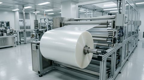 Illustration of two switchable smart film panels racked side by side in a bright fabrication workshop, one frosted an even flat milky white and one clear, with a roll of film on the workbench