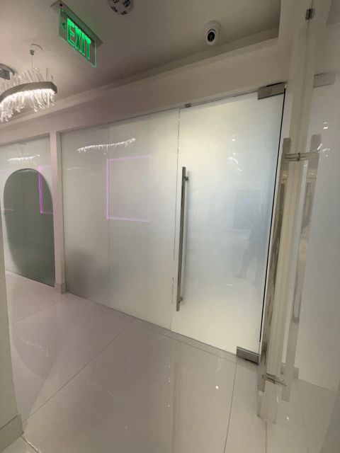 Real Smart View install at a Beverly Hills surgery clinic: switchable glass in its flat milky-white frosted privacy state