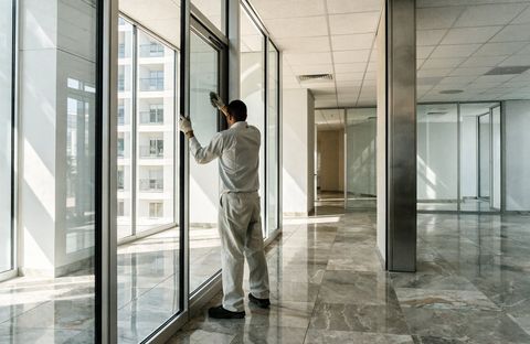 A general contractor installing a large glass panel into an opening on a modern construction site
