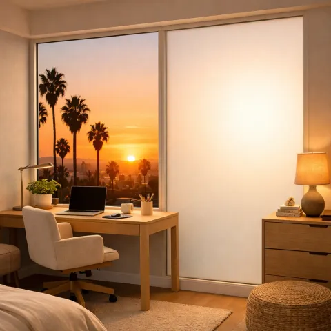 Switchable smart glass in an LA home showing clear and frosted privacy modes side by side, demonstrating daylight retention vs traditional closed-treatment darkness