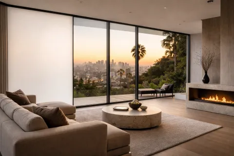 Luxury Los Angeles interior featuring switchable smart glass with a panel in frosted privacy mode