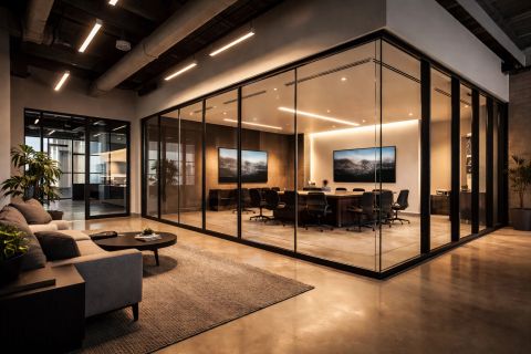Smart glass for Culver City offices — switchable PDLC smart film on a home-office glass wall, clear mode