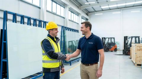 A contractor in a hard hat shaking hands with a Smart View technician in a warehouse stocked with switchable smart glass panels