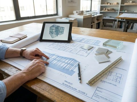 Architect's desk with building blueprints and floor plans for glass partition walls, frame-finish and glass samples, and a tablet showing a 3D glass facade