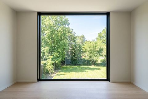 Black-framed smart glass picture window powered on and clear, looking out to a green garden