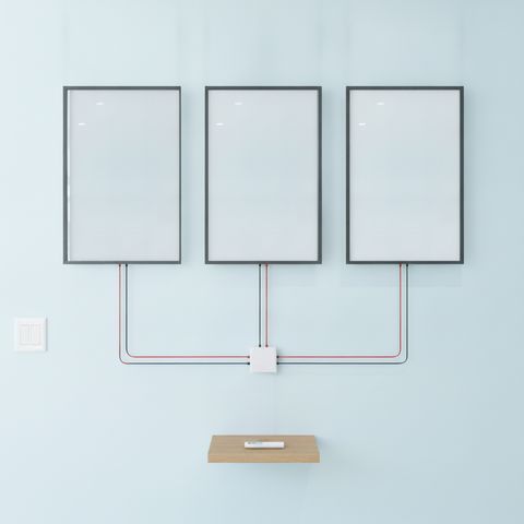 Illustration: a demo wall with three switchable glass panels — one clear, two frosted — wired to a compact transformer with a wall switch and remote