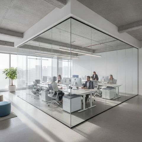 Open-plan office with the glass-walled corner room in its clear transparent state, desks and staff visible inside