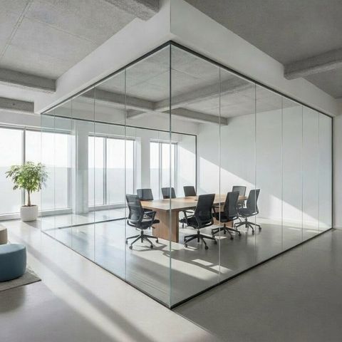 Modern office glass partition wall in its clear transparent state, the meeting area visible behind it