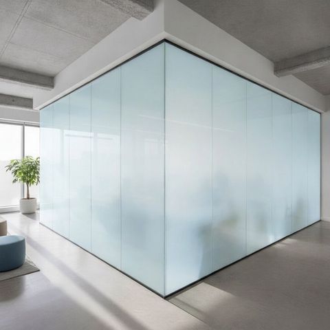 The same open-plan office corner room switched to frosted opaque privacy, hiding the desks