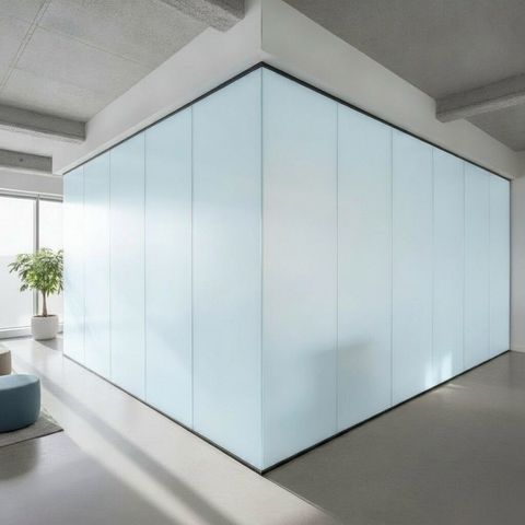 The same office glass partition switched to frosted opaque privacy, hiding the desks behind it