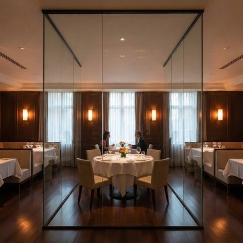 Upscale restaurant private dining area with the glass partition in its clear transparent state, the table visible