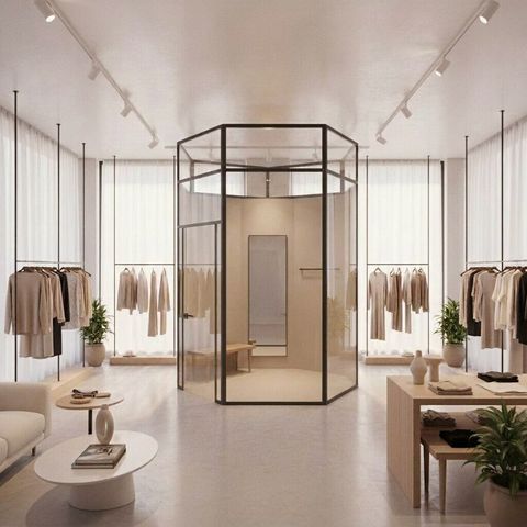 Boutique fitting-room glass enclosure in its clear transparent state