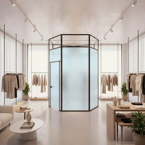 The same fitting-room glass switched to frosted opaque privacy