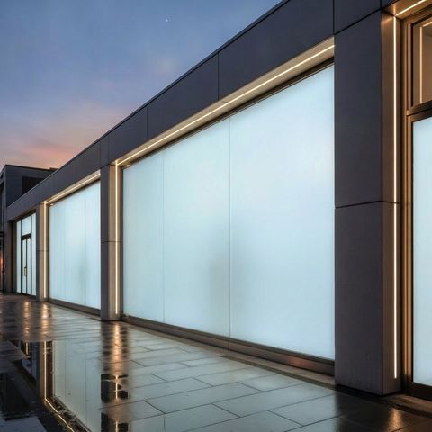 The same storefront display windows switched to frosted opaque privacy after hours