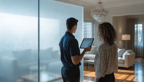 A Smart View installer goes over the itemized estimate on a tablet with a homeowner beside a switchable smart-glass partition frosted for privacy
