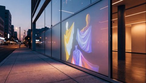A modern retail storefront at dusk where the frosted smart-glass panes display a vivid projected brand video while the adjacent clear panes reveal the lit interior