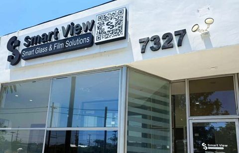 The Smart View Smart Glass & Film Solutions storefront sign at 7327 Canoga Avenue in Canoga Park, Los Angeles