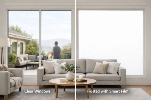 Smart film privacy mistakes addressed — switchable PDLC smart film install on a Pasadena residential bathroom window in frosted privacy mode