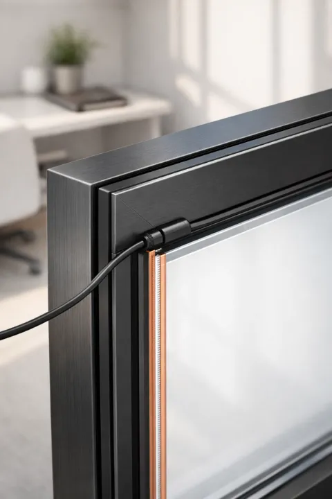 Close-up of PDLC film electrical wiring and busbar for a window retrofit