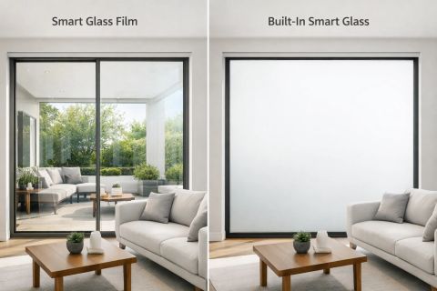 Smart film vs built-in glass — switchable smart glass enclosure on a Class A office conference room demonstrating a clean built-in laminated edge