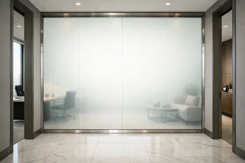 Gauzy driver replacement complete — restored frosted smart glass partition providing privacy in a luxury Los Angeles executive office after a successful PDLC service call