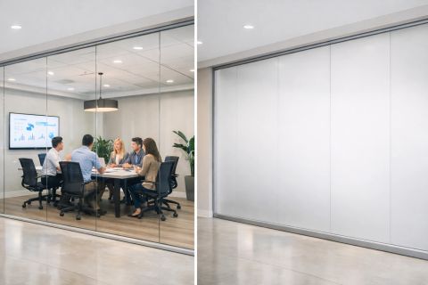 Conference room privacy film — switchable smart film install on a Beverly Hills boardroom glass wall