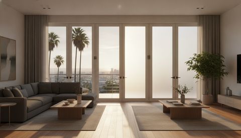 Illustration of a west-facing LA living room with French doors — clear panels taking harsh afternoon glare, adjacent panels switched to soft milky-white frost
