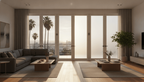 Illustration: a west-facing LA living room wall of French doors — the clear panels let harsh late-afternoon sun and glare pour in, the adjacent panels switched to a flat milky-white frost that softens the same light