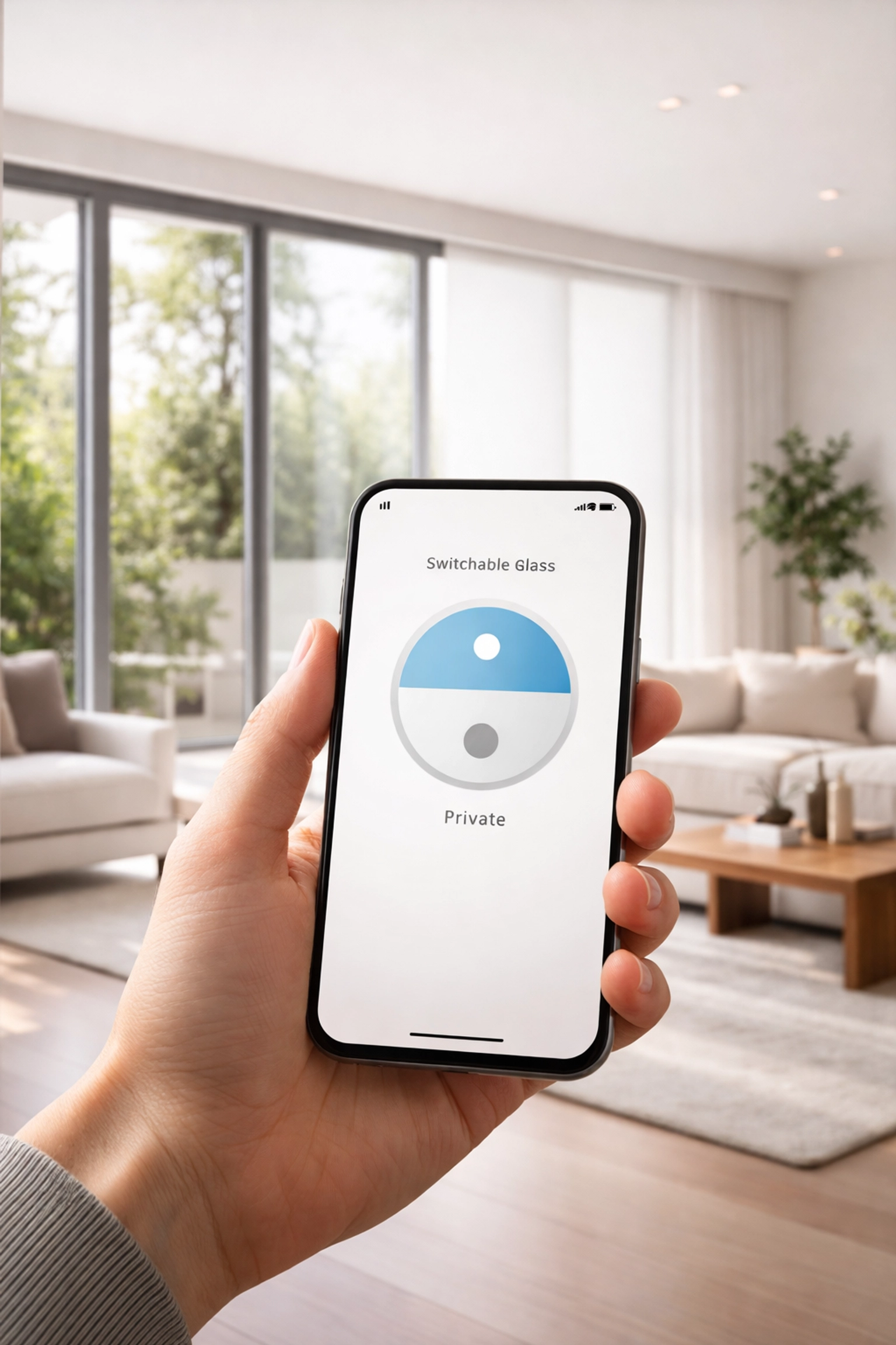 Controlling smart film for instant privacy via phone app in a bright LA living room