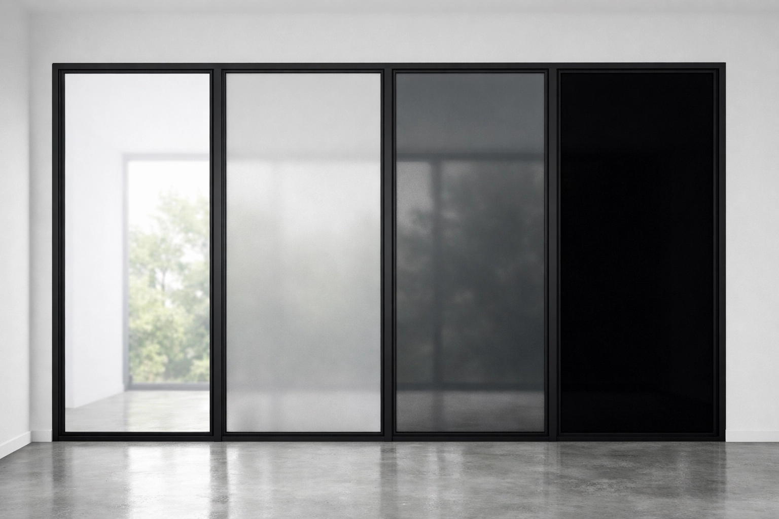 Picking the right smart film — comparison view of switchable film optical modes showing clear, light grey, dark grey, and black tint variants