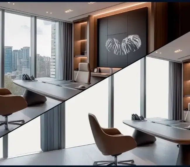 Switchable smart glass tips applied — modern executive office showing switchable smart film in clear and frosted modes after a quality install with proper glass-prep discipline