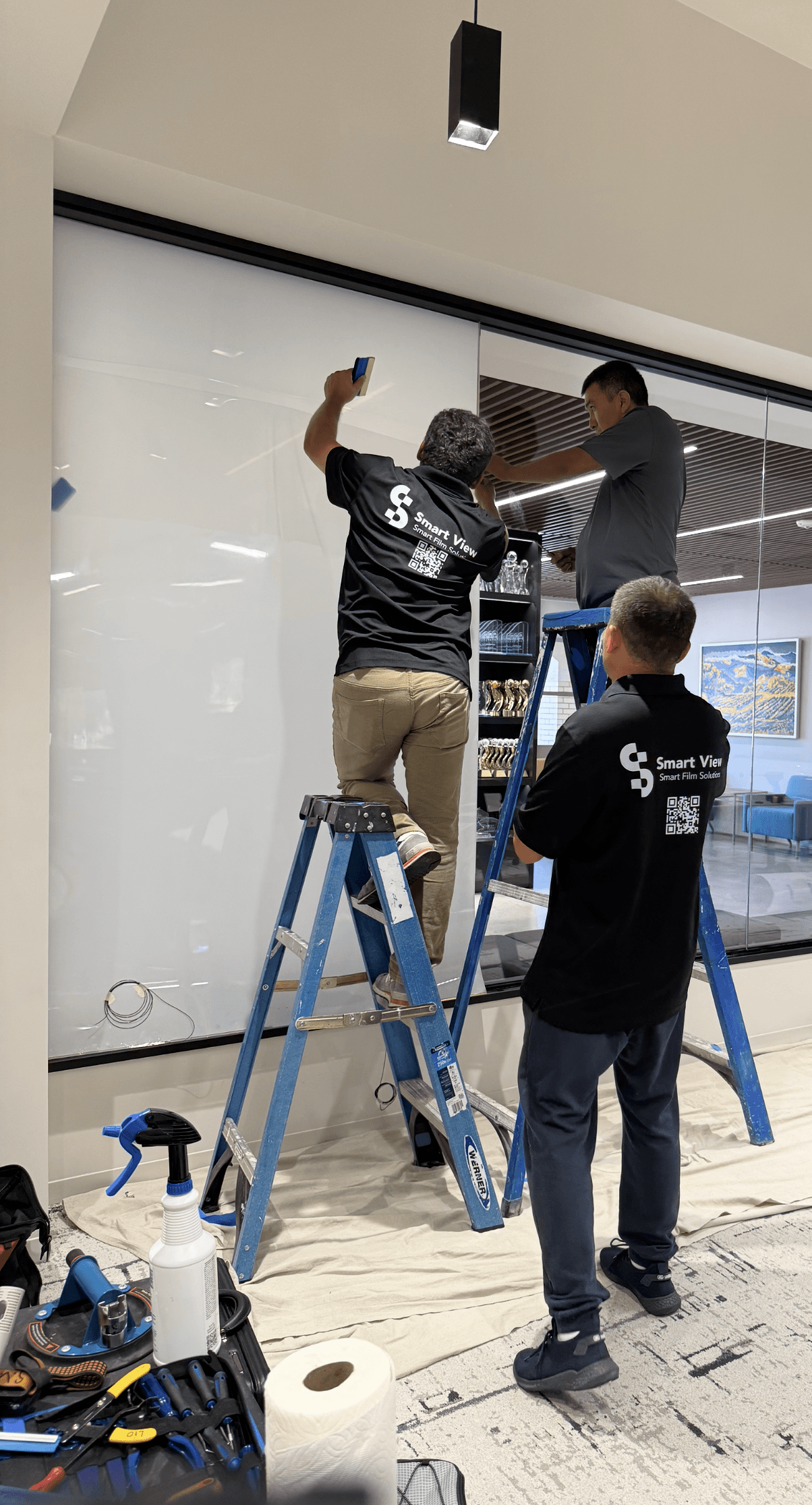 PDLC smart film installation on office glass partition in Southern California
