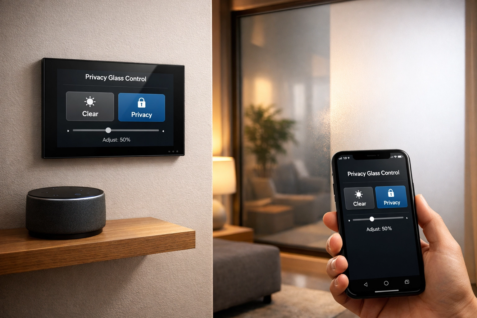 Picking the right smart film — smart-home control options for switchable film including app, voice assistant, and wall switch surfaces