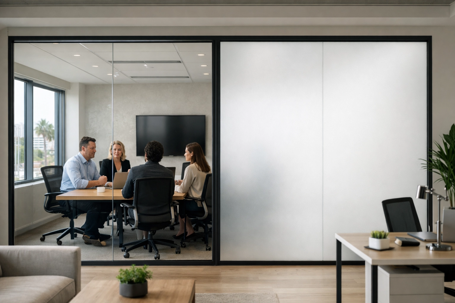 Vetting a smart glass installer — modern LA office switchable smart film glass partition demonstrating proper control-path and driver placement